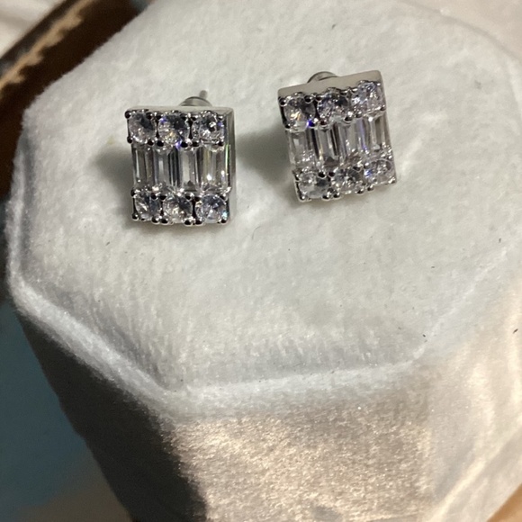 Luxurious Square Baguette & Round  cut Zircon Halo  Post back Earrings
